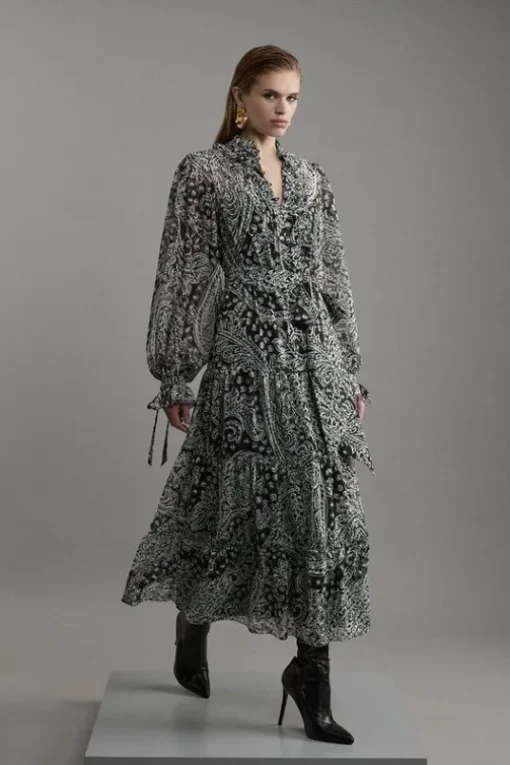 Paisley Crinkle Pleat Georgette Woven Midi Dress