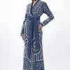 Pearl Embellished Woven Denim Maxi Blazer Dress