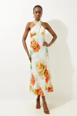 Petite Abstract Floral Printed Jersey Crepe Twist Neckline Maxi Dress