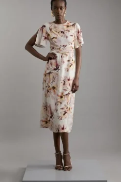 Petite Abstract Floral Satin Crepe Woven Midi Dress
