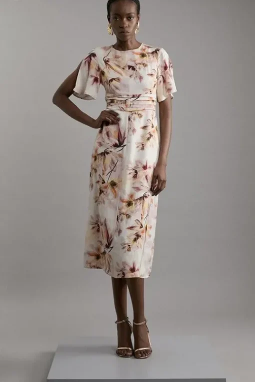Petite Abstract Floral Satin Crepe Woven Midi Dress