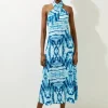 Petite Abstract Geo Print Knot Neck Jersey Midi Dress