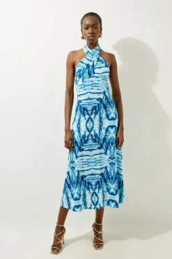 Petite Abstract Geo Print Knot Neck Jersey Midi Dress