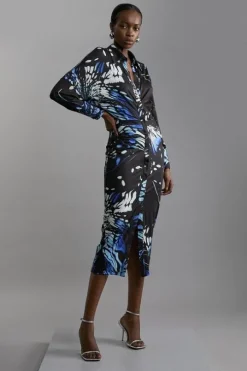 Petite Abstract Swirl Printed Jersey Crepe Maxi Shirt Dress