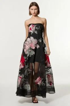 Petite Applique And Embroidered Organdie Woven Midaxi Bandeau Dress With Beading