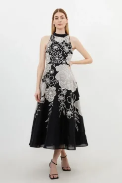Petite Applique Organdie Halter Woven Maxi Dress