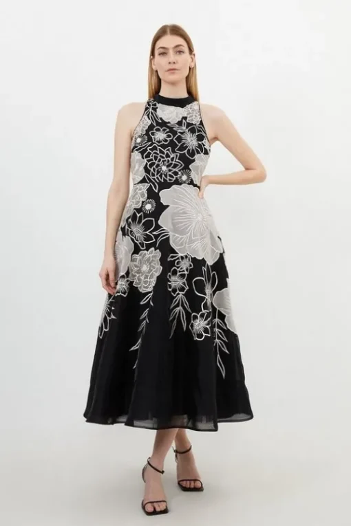 Petite Applique Organdie Halter Woven Maxi Dress