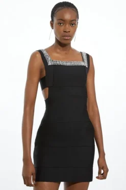 Petite Bandage Figure Form Knit Embellished Square Neck Mini Dress
