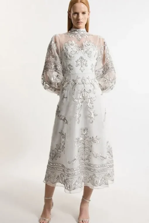 Petite Baroque Organdie Applique Buttoned Woven Maxi Dress