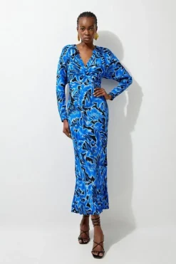 Petite Blue Leaf Woven Collared Maxi Dress