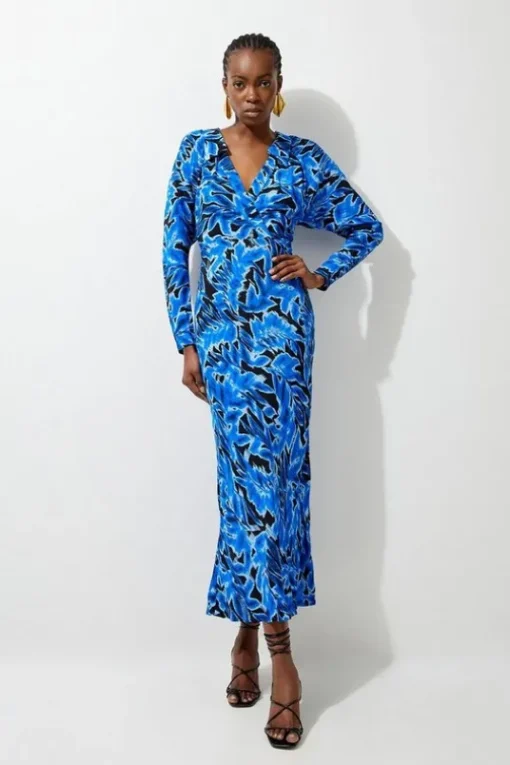Petite Blue Leaf Woven Collared Maxi Dress