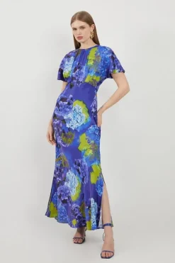Petite Bright Floral Print Satin Back Crepe Woven Maxi Dress