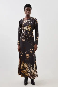 Petite Butterfly Print Asymmetric Jersey Crepe Maxi Dress