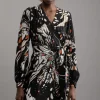 Petite Butterfly Print Viscose Crepe Woven Wrap Mini Dress