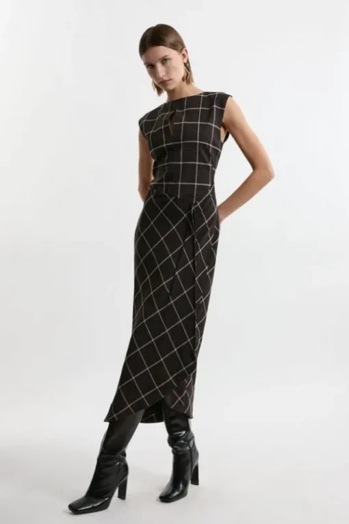 Petite Check Ruffle Tailored Midaxi Dress