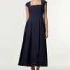 Petite Clean Tailored Square Neck Full Skirted Midi Dress