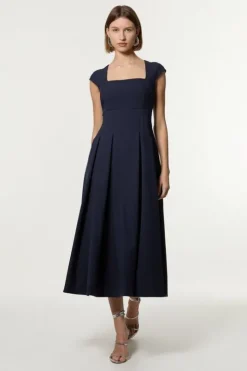 Petite Clean Tailored Square Neck Full Skirted Midi Dress