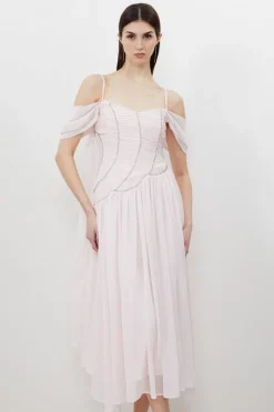 Petite Cold Shoulder Embellished Georgette Woven Maxi Dress