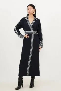Petite Collared Contrast Twill Woven Belted Midaxi Dress
