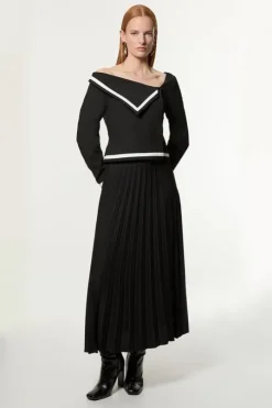 Petite Compact Stretch Asymmetric Neck Color Block Pleated Tailored Midaxi Dress