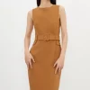 Petite Compact Stretch Belted Tailored Midi Pencil Dress