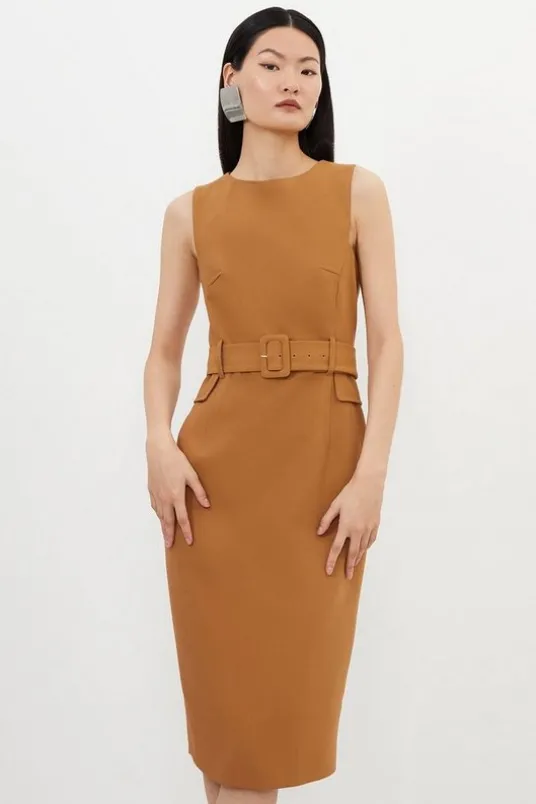 Petite Compact Stretch Belted Tailored Midi Pencil Dress