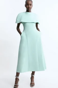 Petite Compact Stretch Cape Sleeve Full Skirt Tailored Midaxi Dress