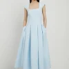 Petite Compact Stretch Clean Tailored Square Neck Full Skirted Midi Dress