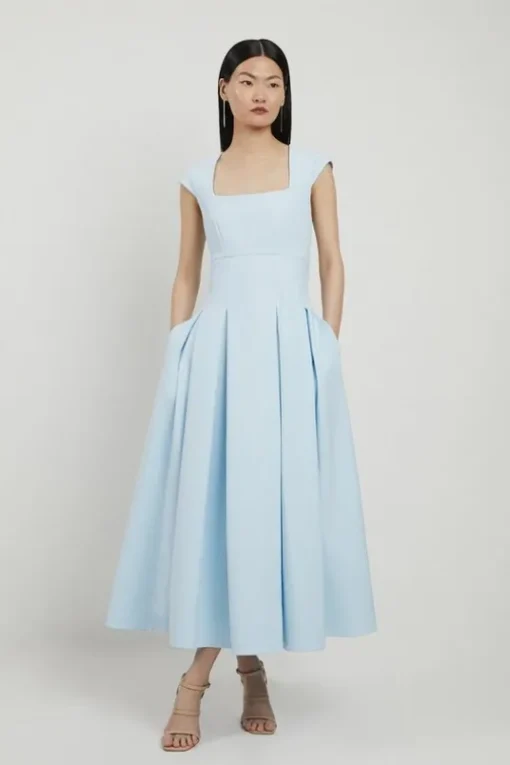 Petite Compact Stretch Clean Tailored Square Neck Full Skirted Midi Dress