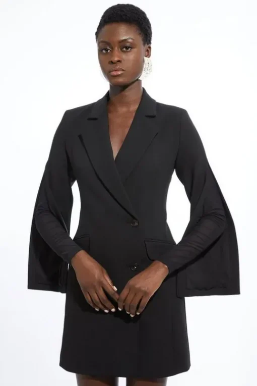 Petite Compact Stretch Mesh Detailed Midi Blazer Dress
