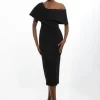 Petite Compact Stretch Off Shoulder Button Through Tailored Midi Pencil Dress