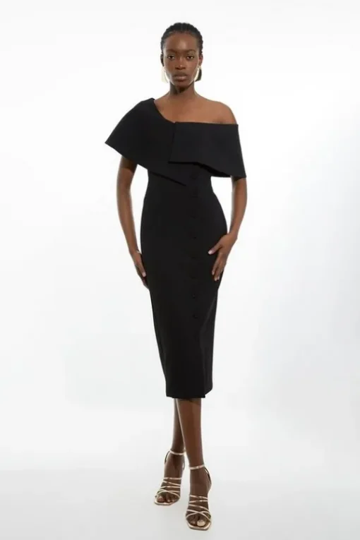Petite Compact Stretch Off Shoulder Button Through Tailored Midi Pencil Dress
