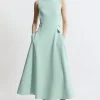 Petite Compact Stretch Tab Waist Detail Full Skirt Midi Dress