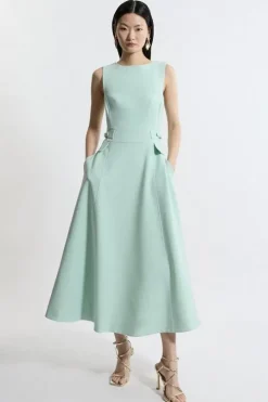 Petite Compact Stretch Tab Waist Detail Full Skirt Midi Dress