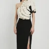 Petite Compact Stretch Taffeta Ruffle One Shoulder Midi Dress