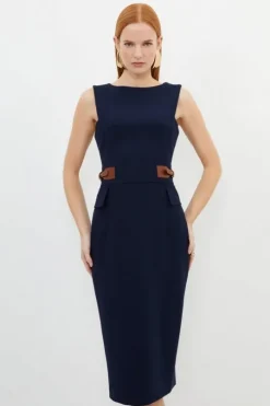Petite Compact Stretch Tab Waist Detail Tailored Midi Dress