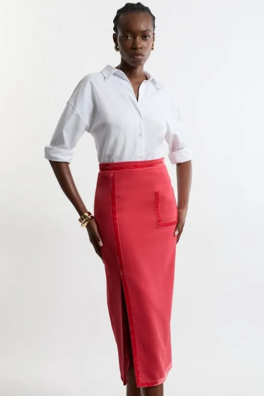 Petite Compact Stretch Tipped Velvet Contrast Collarless Tailored Skirt