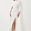Petite Compact Stretch Viscose Cape Mesh Panel Tailored Midi Dress
