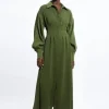 Petite Compact Stretch Viscose Long Sleeve Woven Maxi Shirt Dress
