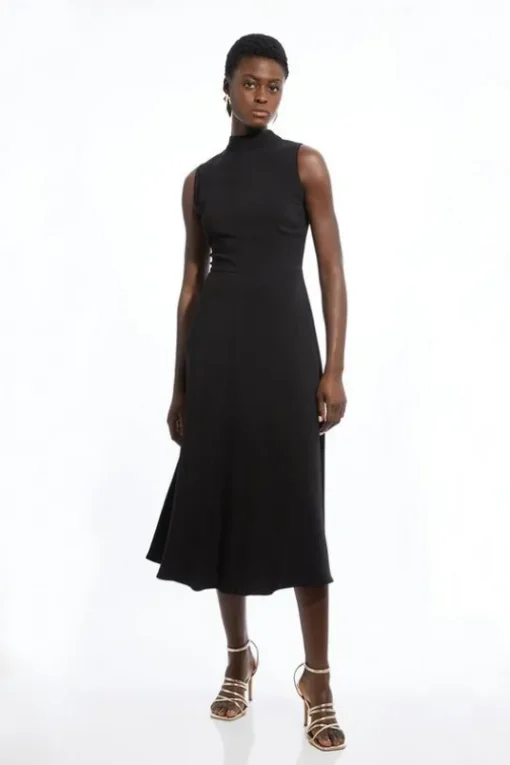 Petite Compact Stretch Viscose High Neck Midi Dress