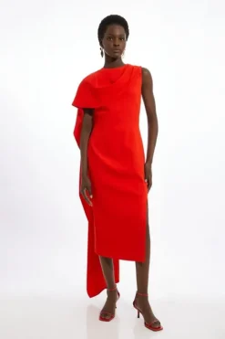 Petite Compact Stretch Viscose Asymmetric Draped Midi Dress