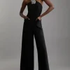 Petite Compact Stretch Viscose Crystal Embellished Rosette Straight Leg Tailored Jumpsuit