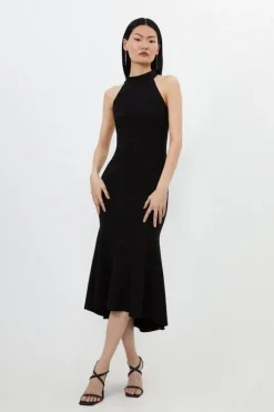 Petite Compact Stretch Waterfall Hem High Neck Midi Dress