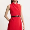 Petite Compact Stretch Wrap Neck Full Skirt Tailored Mini Dress