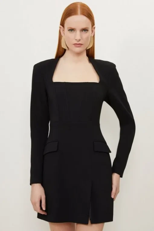 Petite Compact Viscose Open Neck Corset Tailored Mini Dress