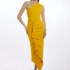 Petite Compact Viscose Tailored One Shoulder Drape Front Pencil Dress