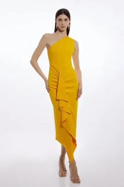 Petite Compact Viscose Tailored One Shoulder Drape Front Pencil Dress