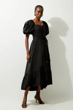 Petite Corset Detail Cotton Woven Midi Dress