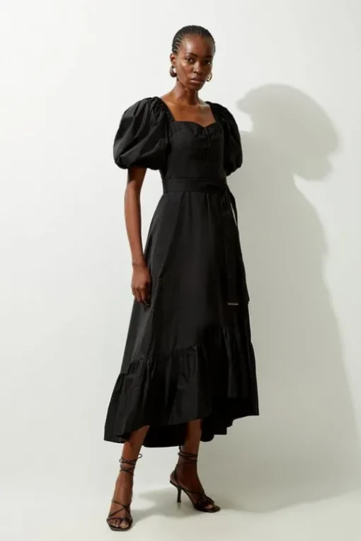 Petite Corset Detail Cotton Woven Midi Dress