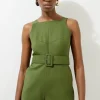 Petite Cotton Sateen Utility Woven Belted Strappy Romper